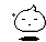Pixelated white blob with black eyes and mouth, blue sparkles, and a small tail on gray background.