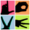 Silhouetted hand gestures form 'LOVE' and 'V' shapes against alternating solid backgrounds in a of six distinct color pairs