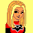 Pixel art contact sheet showing two frames of a cartoon character with blonde hair wearing red crop top and black pants against yellow background, plus text reading "2 cute 4 you!".