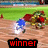 Animated scene of a character in blue and white clothing lying on a dirt track with green grass background, text changes from red to green 'winner' and 'sonic the hedgehog' text.