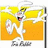 Pixelated cartoon rabbit with white fur and pink cheeks stands against yellow background, holding a flagpole with waving banner.