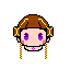Pixel art character with brown hair and gold accessories showing multiple facial expressions including closed eyes, winking, and smiling against gray background.