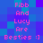 Pixelated text on a blue-purple gradient background reads "Fibb And Lucy Are Besties :}" in pink letters, repeated twice side-by-side.