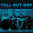 A contact sheet of 19 animated frames showing the text "FALL OUT BOY" in various pixelated styles and colors against a black background, with one small album cover image at top-left.