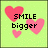 Four pixelated on a light green background with pink hearts and text phrases: SMILE bigger, LAUGH louder, LOVE longer