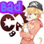 Pixel art character with blonde hair and cap holding a cat, surrounded by large brown letters and changing text below.