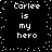 Black background with white pixelated text "Carlee is my hero" repeated four times in a , surrounded by scattered white dots