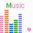 Animated contact sheet of five 48x48 pixel buddy icons featuring colorful audio equalizer bars, pink heart symbols, and "Music" text in pastel gradient lettering across a white background with gray transparency overlay.
