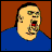 Pixelated image of a person with light skin and dark hair wearing a blue shirt against a brown background, next to a blue with white text reading "MULLETS ROCK!" and star-like symbols