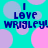 Pixelated text "I LOVE WRIGLEY!" on a cyan background with overlapping pink and purple circles.