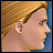 Pixelated profile of a blonde character with blue background and black containing white text