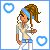 Pixel art contact sheet of a 6-frame animated icon featuring a cartoon woman with brown braided hair, blue headband, and beige top holding a small object, surrounded by blue heart outlines and star shapes on white background.