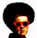16 pixelated frames showing a person with an afro hairstyle and sunglasses, with varying mouth expressions and pink text overlays