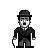 Pixelated black-and-white icon of a man in a bowler hat, dark suit, and tie holding a cane against a gray background.