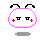 Pixelated white circular character with pink outline, black antennae, red cross cheeks, and gray shadow on light gray background.