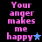 A 4-frame animated contact sheet showing a pixelated text-based icon with pink text and blue stars on black background, displaying the phrase "Your anger makes me happy" across frames.