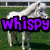 Pixelated image of a white horse standing on green grass with a purple text overlay reading 'whispy' in bold, blocky letters.