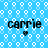 Blue background with white circular patterns and four instances of the word 'carrie' in black text, each followed by a small heart symbol.
