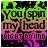 Animated icon with green and pink pixelated text reading "you spin my head right round" on a black background, showing subtle color shifts across frames.