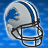 identical football helmets with blue and white color scheme, each featuring a lion logo on the side