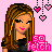 Pixel art contact sheet of a female character with long brown hair in various expressions, each frame featuring pink text and heart symbols on a light pink background.