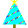 Six pixelated Christmas trees with yellow stars, brown trunks, and multicolored ornaments on light blue bodies, arranged in two of three on a gray background