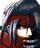 Pixelated static image of a character with dark hair, red clothing, and bright white eyes against a blurred background.