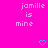 Bright pink background with pixelated text 'jamille is mine' in light purple, two cyan heart icons at bottom center and right.