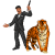 A man in a black suit holds a pistol while interacting with a tiger and a yellow cross symbol