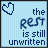 A 5x4 contact sheet of animated frames showing a light blue background with dark blue text and heart symbols, where the word 'rest' in 'the rest is still unwritten' changes shape across frames while hearts animate.