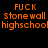Four display orange text reading "FUCK stonewall highschool" on black, gray, white, and gray backgrounds