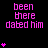 Pixelated pink text "been there dated him" appears with varying numbers of small pink hearts on a black background, some frames showing gray rectangular cutout.