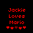 Red pixelated text "Jackie Loves Mario" on black background with five red hearts below, two versions showing heart animation changes.