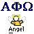 Pixelated graphic shows three blue Greek letters above a yellow angel with white wings and halo, with 'Angel' text below on gray background.