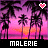 Pixelated sunset scene with palm trees, pink and purple gradient sky, two heart symbols above the trees, and 'MALERIE' text at bottom.