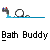 Animated sequence of a white spherical character in a bathtub with blue water, showing motion