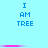 Light blue background with three identical vertical of pixelated text reading "I AM TREE" in dark blue, separated by horizontal pink gradient bars