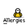 Animated contact sheet of 11 pixel art frames showing a yellow stick figure character with white head and black eyes performing various actions including waving, speaking, and emitting green particles beneath the text 'Allergies' on gray background.