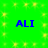 Green background with yellow sparkles and four blue 'ALI' text elements arranged in a