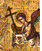 Animated sequence of an angelic figure with a halo, alternating between holding a cross and playing a stringed instrument against a golden background.