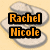 Pixelated orange text on black blocks over a light beige background with two white cloud shapes, displaying 'Rachel Nicole' and 'Summer '08 I 8000 can't wait!' in separate sections.
