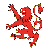 Red rampant lion with black and brown accents on a light gray background, rendered in pixelated style.