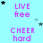 four and five of text-based icons on a light blue background, with alternating 'LIVE free' and 'CHEER hard' phrases in pink, surrounded by scattered black and light blue stars