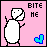 Pixelated character with split mouth stands on pink background, blue heart icon below; text "BITE ME" changes across frames.