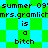 Pixelated green and cyan checkered background with repeated text 'summer 09' and 'mrs.gramlich' above 'is a bitch' in black block letters.