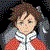 Pixelated static image of a character with brown hair and red clothing against a black background, rendered in low-resolution 256x256 pixels with visible dithering and color bleeding.