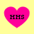 Four identical pink heart-shaped icons with black text "HHS" on a yellow background, arranged in a