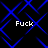 Blue geometric pattern with four instances of the word 'Fuck' in white pixelated text on a black background
