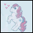 A 48x48 pixel animated contact sheet showing a white pony with pink mane and tail, blue eyes, and light blue cutie mark on its flank, surrounded by floating pink hearts that change position across frames against a light blue background.