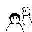 Pixel-art animation of two stick figures interacting with changing hair and text above them, showing a sequence of gestures and expressions.